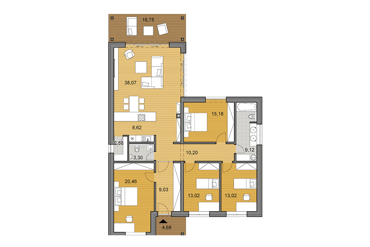 Projekt domu L135 - Půdorys vo variante s 5 izbami
