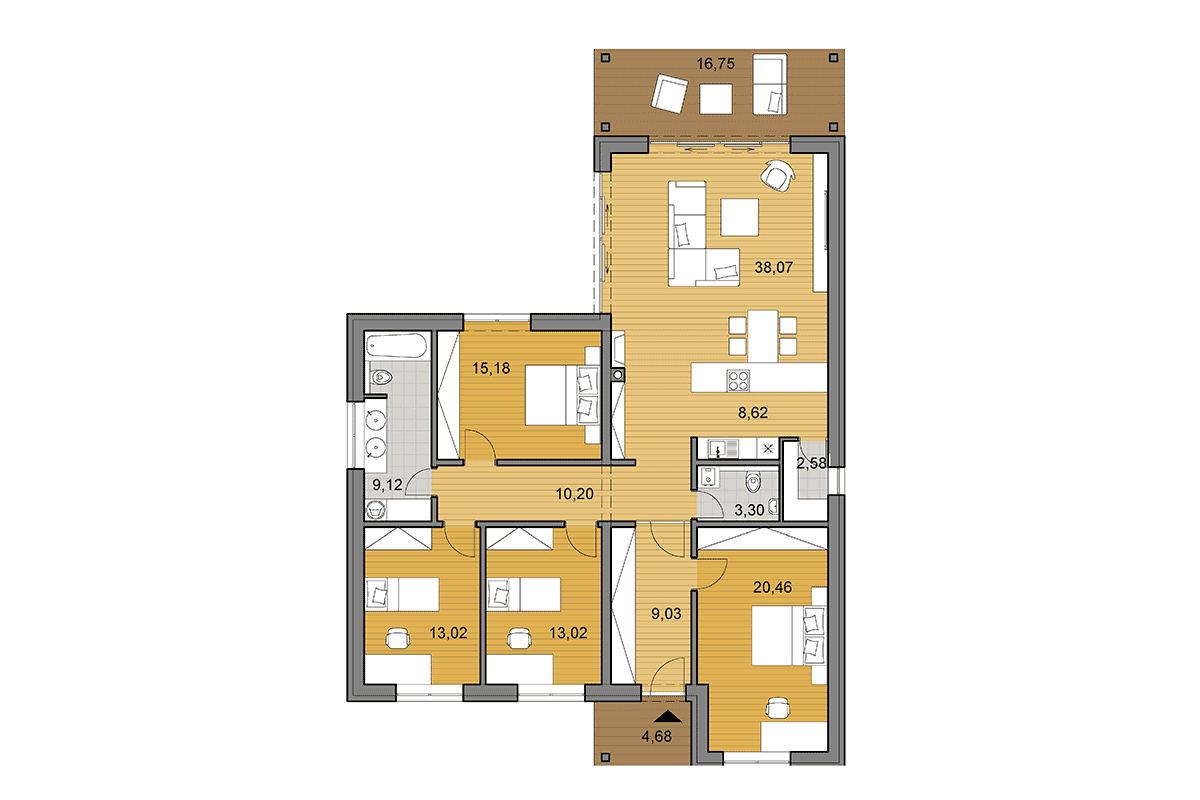 Projekt domu L135 - Půdorys vo variante s 5 izbami - zrkadlený