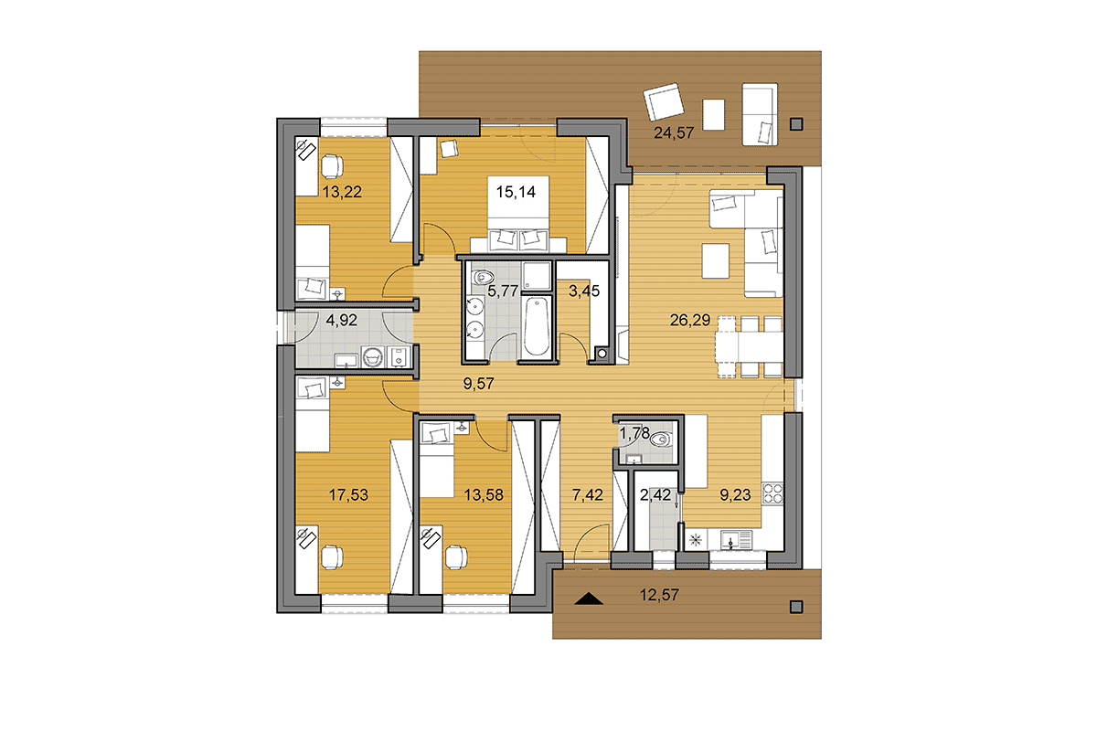 Projekt domu O130 - Půdorys ve variantě s 5 pokoji
