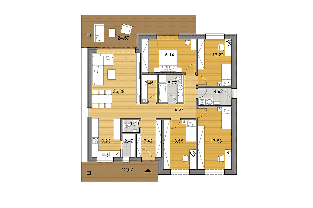 Projekt domu O130 - Půdorys ve variantě s 5 pokojii - zrcadlený