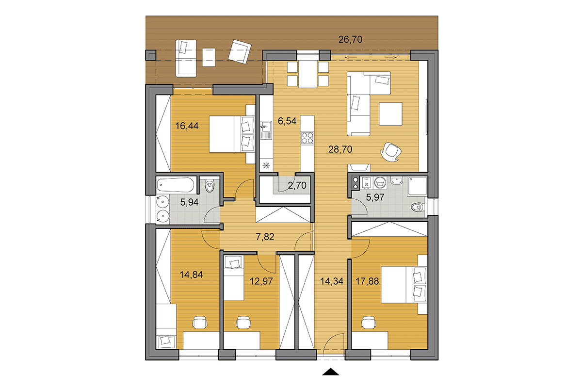 Projekt domu O135 - Půdorys ve variantu s 5 pokoji