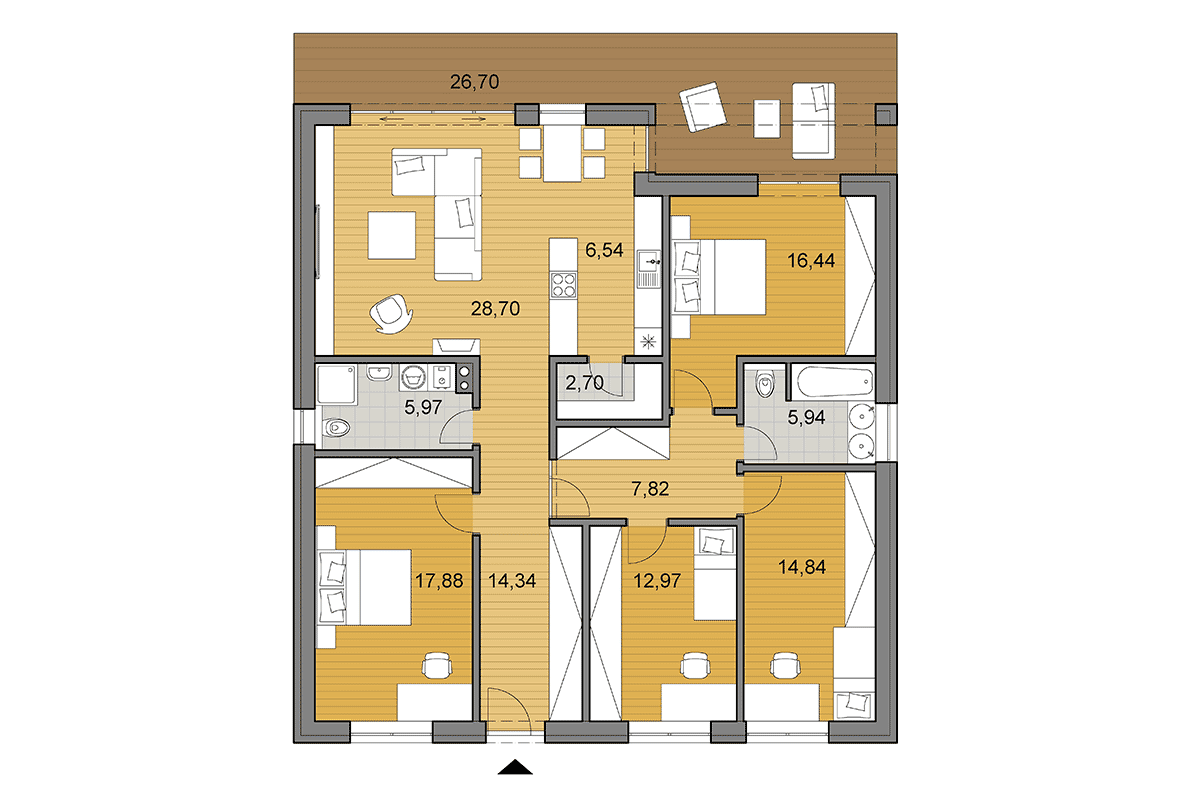 Projekt domu O135 - Půdorys ve variantu s 5 pokoji zrcadlený