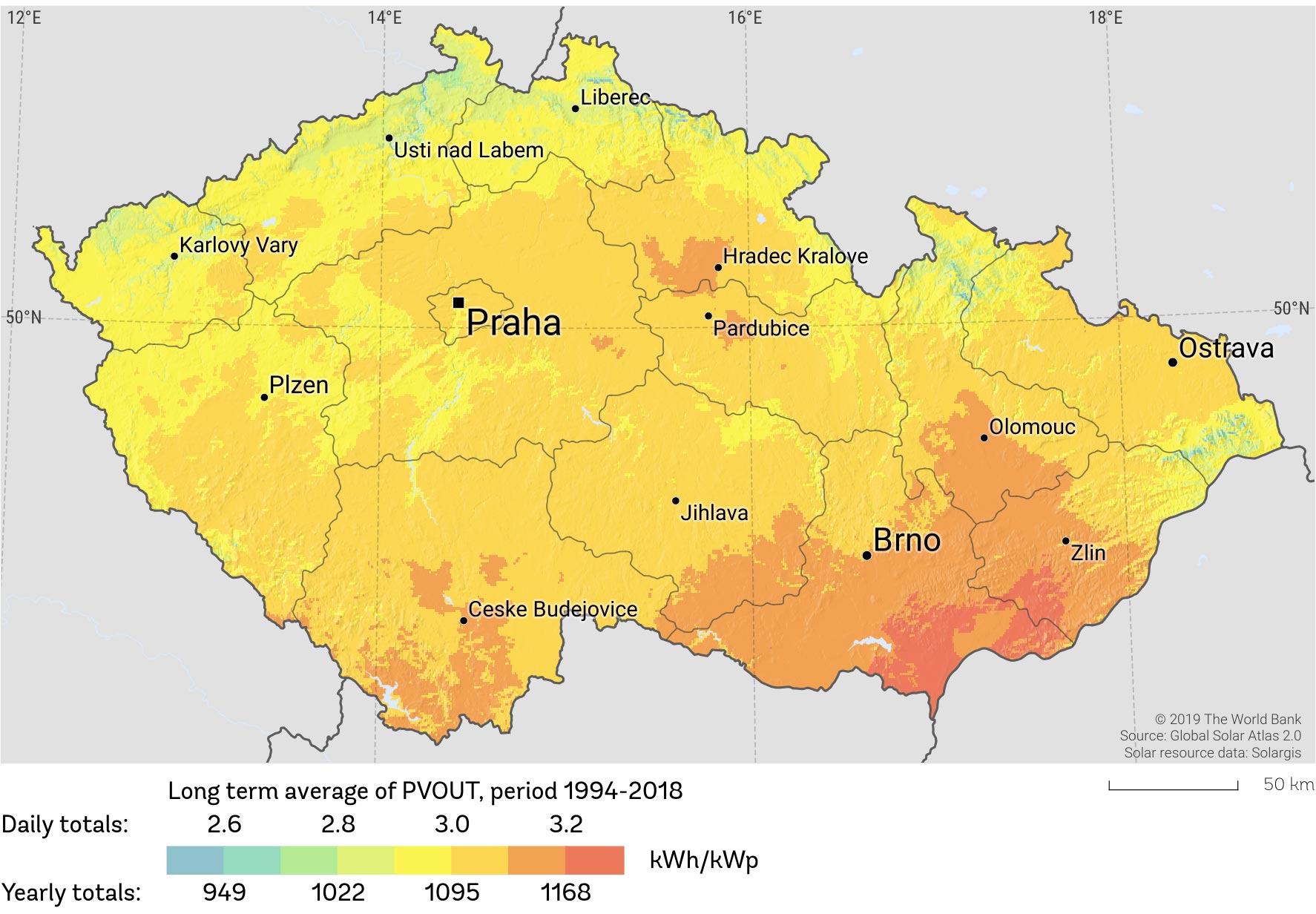 Intenzita slunečního záření v České republice za rok