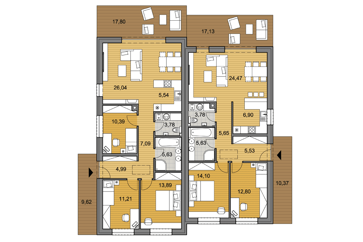 Projekt dvojdomu DD80-90 - Půdorys - Zrcadlený