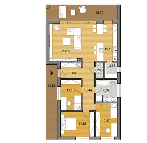 Projekt úzkého rodinného domu o ploše 114 m2