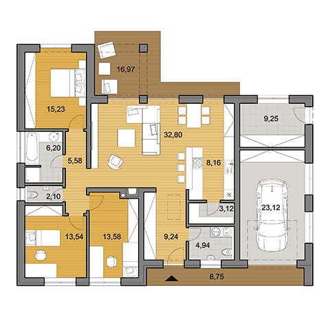 Projekt rodinného domu s garáží o ploše 147 m2