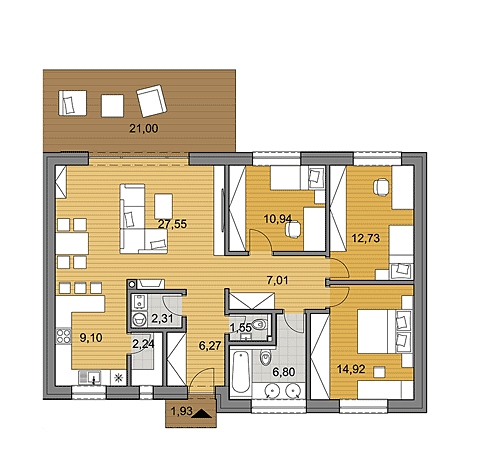 Projekt bungalovu O100 - Půdorys