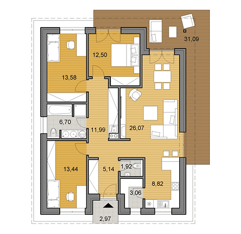 Projekt bungalovu - O105 - půdorys