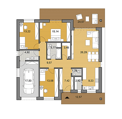 Projekt bungalovu - O130 - půdorys