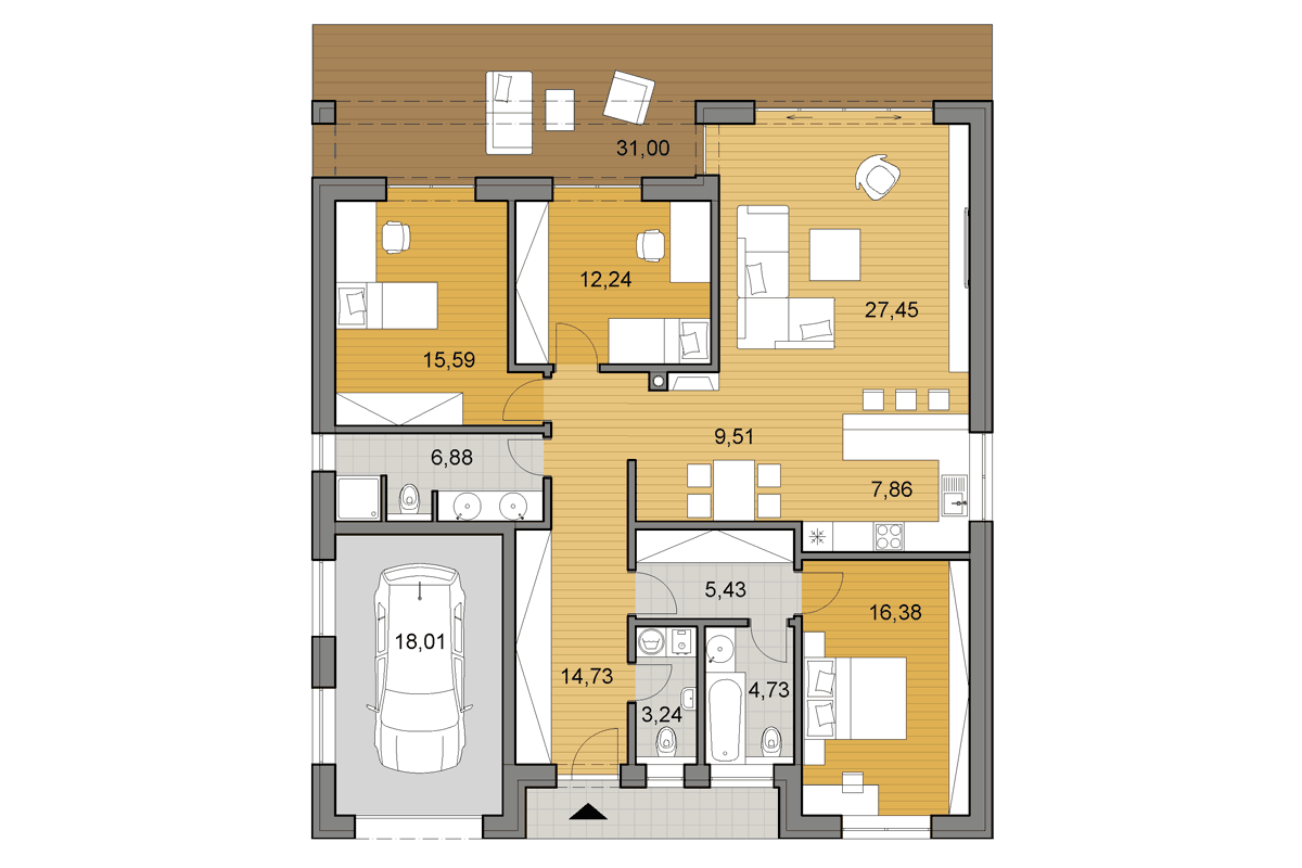 Projekt domu O140 - Půdorys