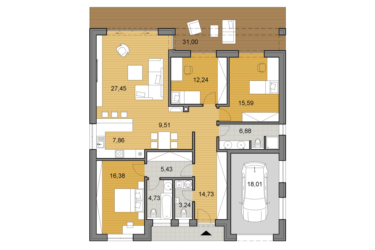 Projekt domu O140 - Půdorys - Zrcadlený