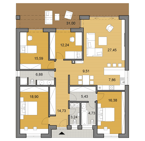 Projekt většího rodinného domu o ploše 142 m2