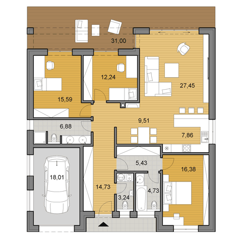 Projekt většího rodinného domu o ploše 142 m2