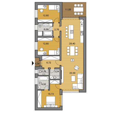 Projekt rodinného domu - T115 - Půdorys